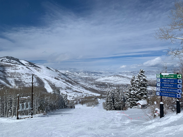 A snowy vista from midway up the mountain at Park City ski resort