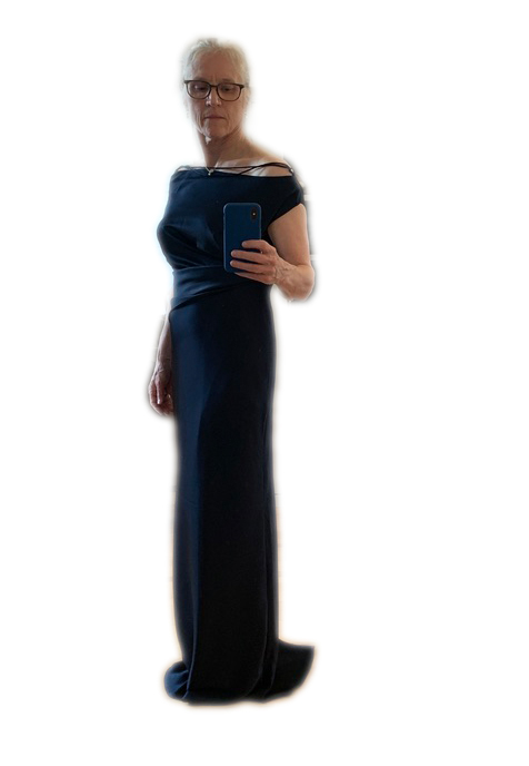 Older woman in navy blue silk dress by Arotagas