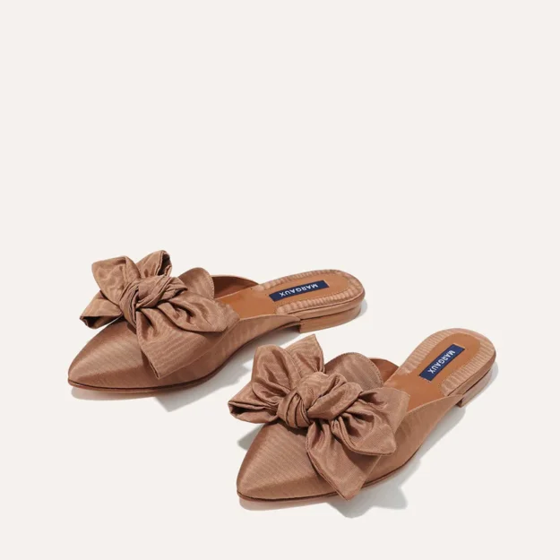 Cafe latte grosgrain flat mules, with a bow