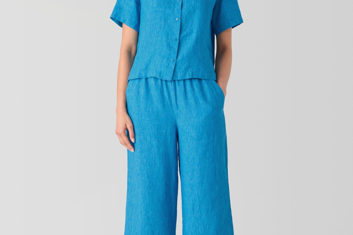 Eileen Fisher Washed Organic Linen Delave Band Collar Shirt in Turquoise