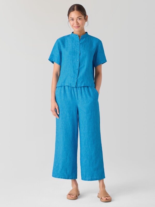 Eileen Fisher Washed Organic Linen Delave Band Collar Shirt in Turquoise