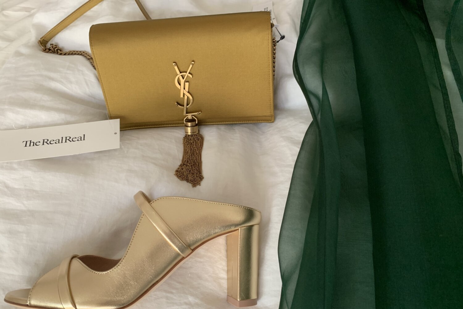 YSL Kate bag, green organza, gold Malone Soulier shoes