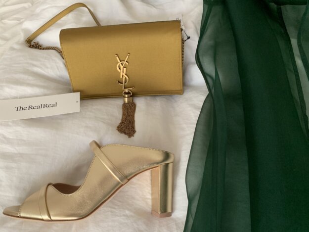 YSL Kate bag, green organza, gold Malone Soulier shoes