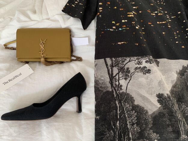 Dries van Noten photoprint shift, YSL Kate bag in gold, black faille Neous pumps.