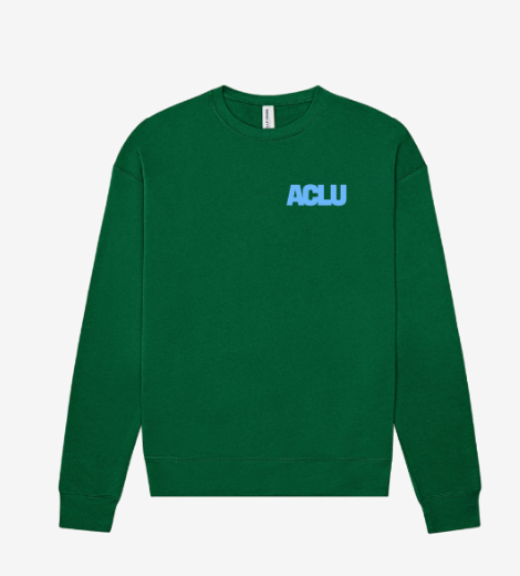 Green ACLU sweatshirt with sky blue embroidery
