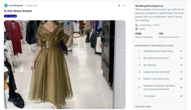 Screenshot of the wedding attire approval subreddit